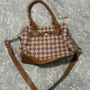 Marc Fisher Tan and Cream Checked Pattern Shoulder Satchel